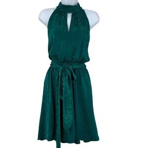 Anthropologie Dress Keyhole Halter Neck Blouson Size Large Teal Green Retro Glam